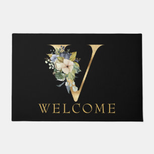 Classy Gold Monogram V with Floral Arrangement Doormat