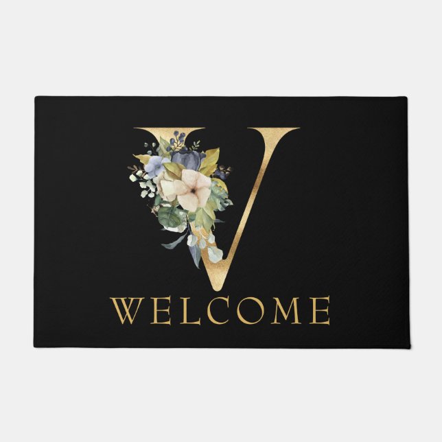 Classy Gold Monogram V with Floral Arrangement Doormat (Front)