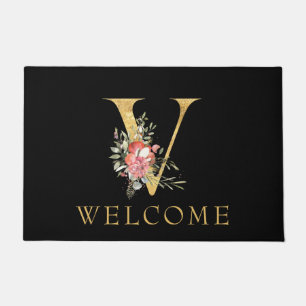 Classy Gold Monogram V with Pink Florals Doormat