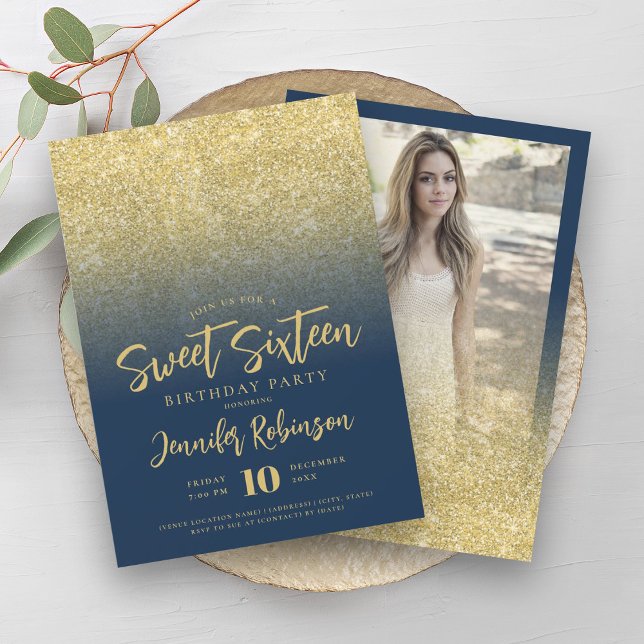 Classy Gold Navy Blue Glitter Photo Sweet 16   Invitation (Classy Gold Navy Blue Glitter Photo Sweet 16 Invitation)