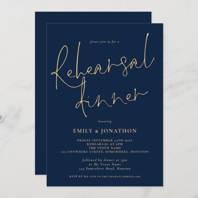 Classy Gold Navy Wedding Rehearsal Dinner Invitation (Front/Back)