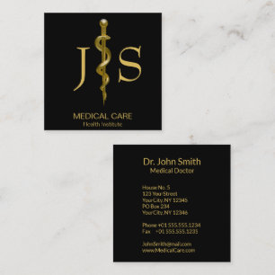 Classy Gold on Black Rod of Asclepius Medical Square Business Card
