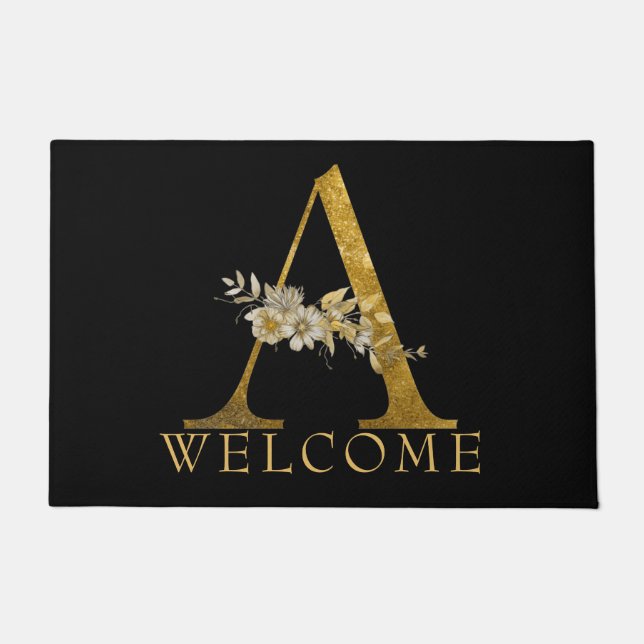 Classy Gold on Gold Monogram A with Flowers Doormat (Front)