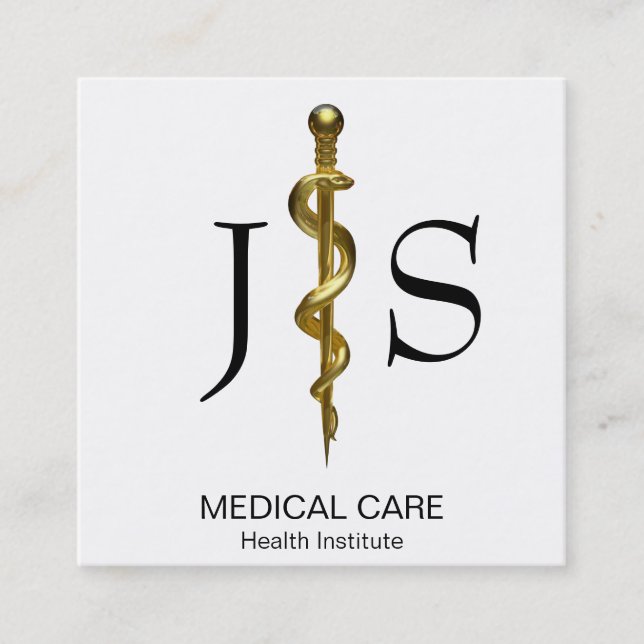 Classy Gold on White Rod of Asclepius Medical Square Business Card (Front)