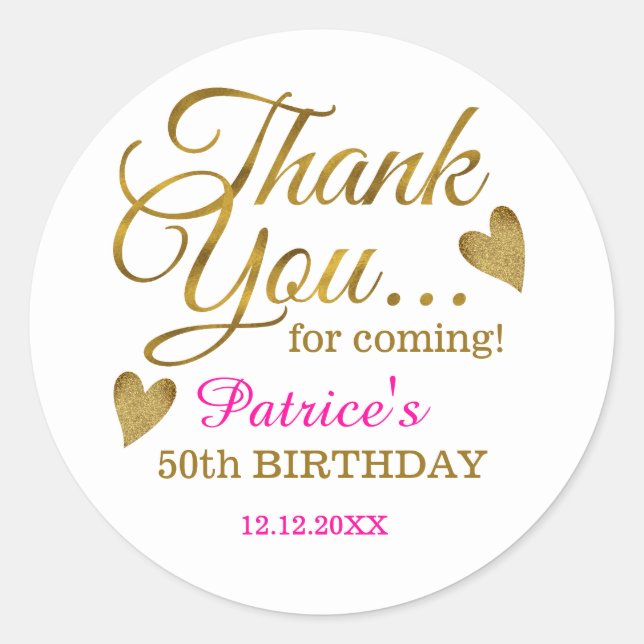 Classy Gold Pink 50th Birthday Thank You  Classic Round Sticker (Front)