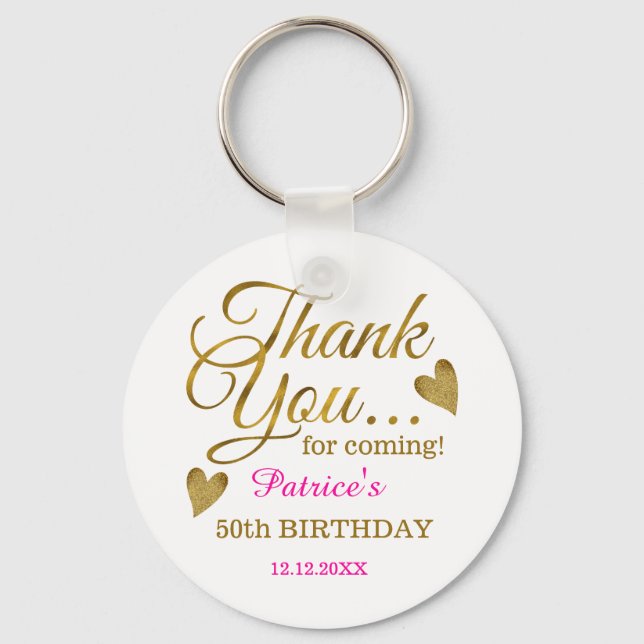 Classy Gold Pink 50th Birthday Thank You Favour Key Ring (Front)