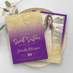 Classy Gold Purple Glitter Photo Sweet 16   Invitation