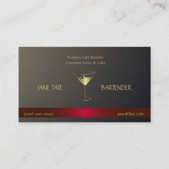 Classy Gold Red Metallic Bartender Template Business Card (Front)