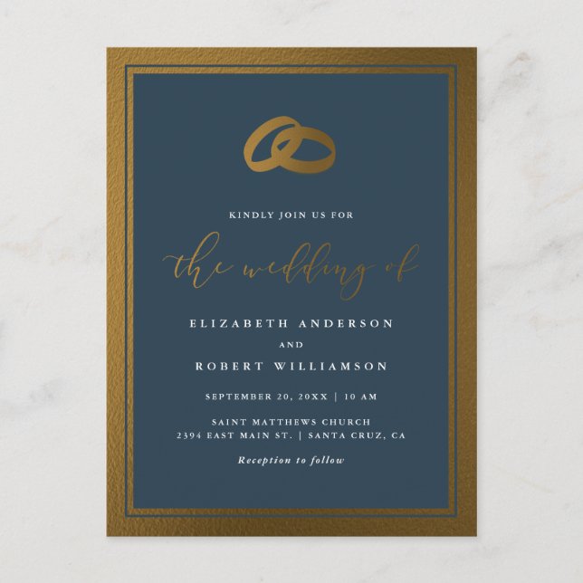 Classy Gold Rings & Navy Blue Wedding Invitation Postcard (Front)