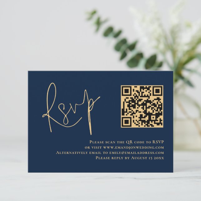 Classy Gold Script Navy Blue QR Code Wedding RSVP  Card (Standing Front)
