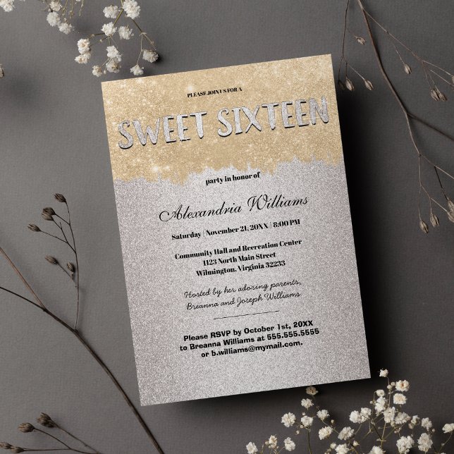 Classy Gold Silver Brushstrokes Glitter Sweet 16 Invitation (Classy Gold Silver Brushstrokes Glitter Sweet 16 )