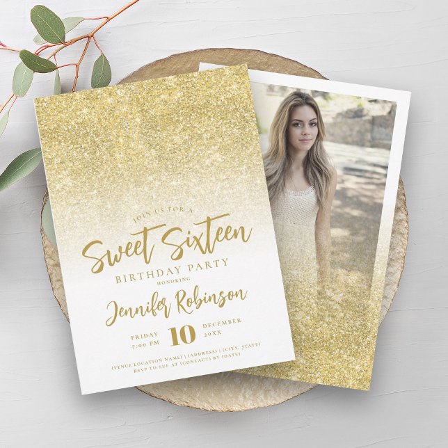 Classy Gold Sparkle Glitter Photo Sweet 16   Invitation (Classy Gold Sparkle Glitter Photo Sweet 16 Invitation)
