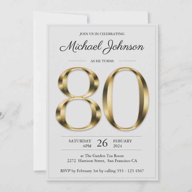 Classy Gold Text Grey 80th Birthday Party Invitation (Front)
