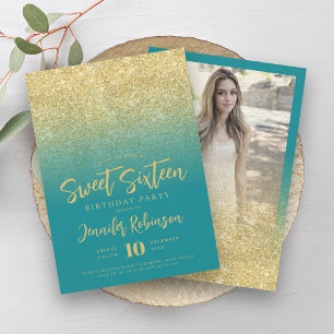 Classy Gold Turquoise Glitter Photo Sweet 16   Invitation