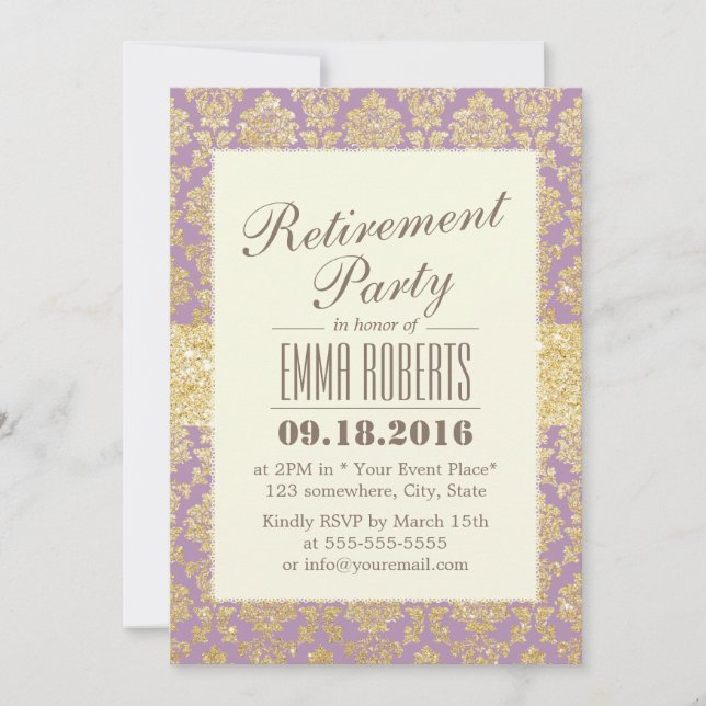 Classy Gold & Violet Damask Retirement Invitation (Front)