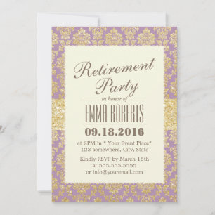 Classy Gold & Violet Damask Retirement Invitation
