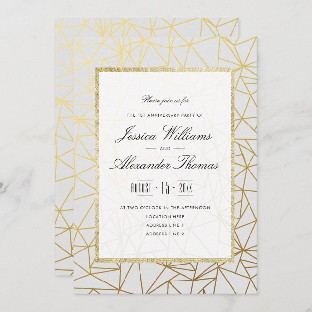 Classy Gold & White 1st Wedding Anniversary Invitation (Front/Back)