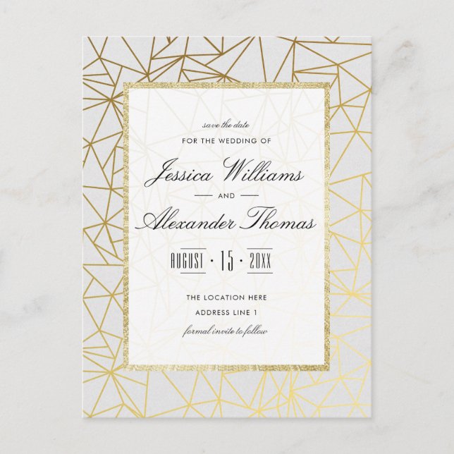 Classy Gold & White Wedding Save The Date Announcement Postcard (Front)