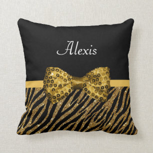 Classy Gold Zebra Print FAUX Glitz Bow With Name Cushion