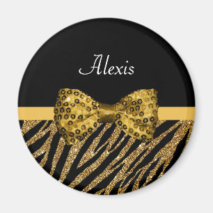 Classy Gold Zebra Print FAUX Glitz Bow With Name Magnet