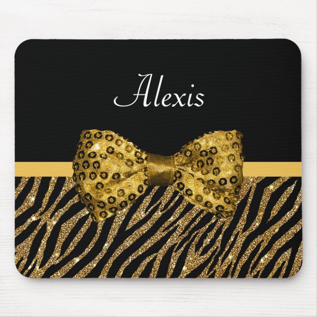 Classy Gold Zebra Print FAUX Glitz Bow With Name Mouse Pad (Front)