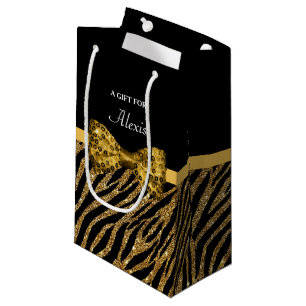 Classy Gold Zebra Print FAUX Glitz Bow With Name Small Gift Bag