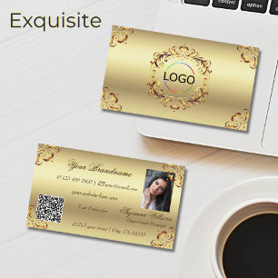 Classy Golden Ornate Decor Logo Photo and QR Code Business Card