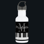 Classy grand piano keys monogram name water bottle<br><div class="desc">Classy grand piano keys monogram name water bottle. Elegant script typography template design with custom name intial letter. Black and white logo for pianist,  piano player,  school teacher,  instructor,  musician etc. Add your own name. Monogrammed gift idea with classical instrument keyboard.</div>