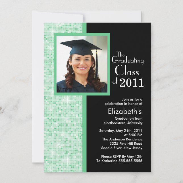 Classy Green & Black Graduation Invitation Photo (Front)
