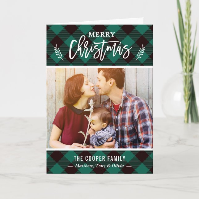 Classy Green Buffalo Check Merry Christmas Photo Holiday Card (Front)