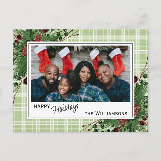 Classy Green Holly Red Berries Botanical Foliage Postcard (Front)