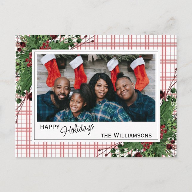 Classy Green Holly Red Berries Botanical Foliage Postcard (Front)