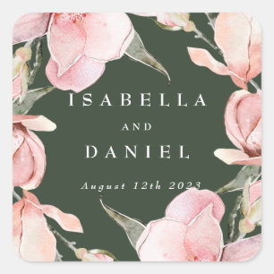 Classy Green Magnolia Custom Wedding Square Sticker