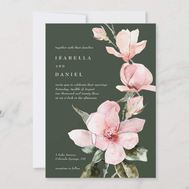 Classy Green Watercolor Magnolia Wedding Invitation (Front)