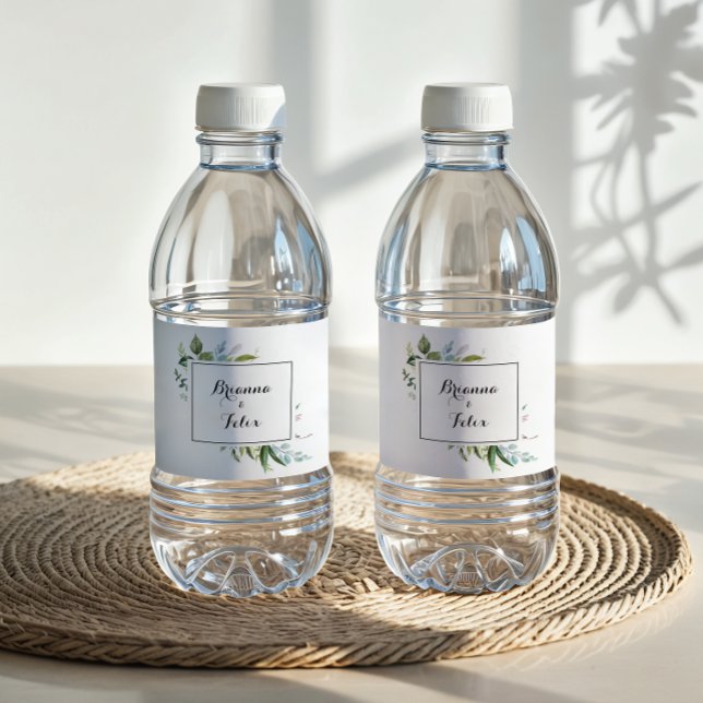 Classy Greenery Tropical Calligraphy Wedding Water Bottle Label (Creator Uploaded)