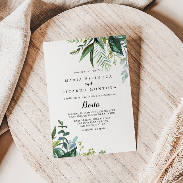 Classy Greenery Tropical Leaves Spanish Wedding Invitation (Creator Uploaded)
