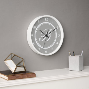 Classy grey and white custom monogram wall clock