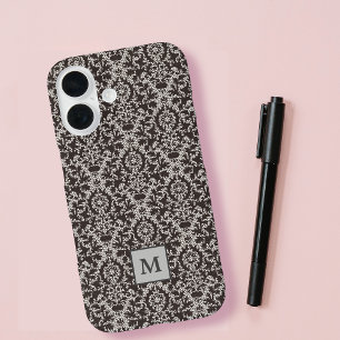 Classy Grey Black Damask Monogram iPhone 16 Case