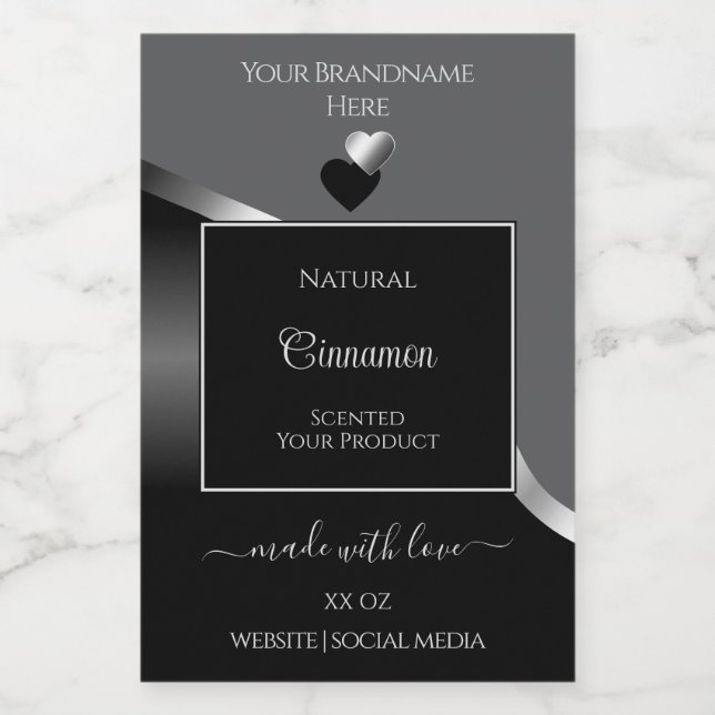 Classy Grey Black Wavy Silver Hearts Product Label (Single Label)
