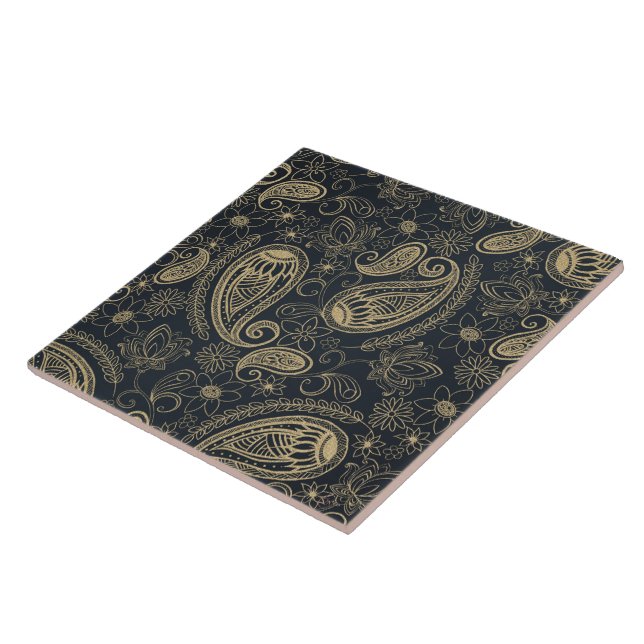 Classy Grey Gold Glitter Paisley Floral Pattern Tile (Side)