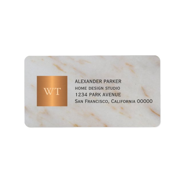 Classy grey marble metallic copper square monogram label (Front)