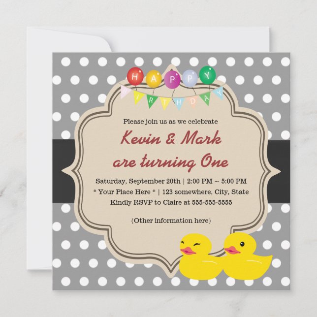 Classy Grey Polka Dots Rubber Ducky Twins Birthday Invitation (Front)