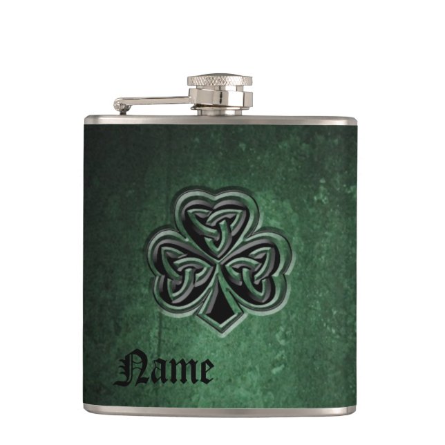 Classy grunge Irish lucky shamrock personalised Hip Flask (Front)