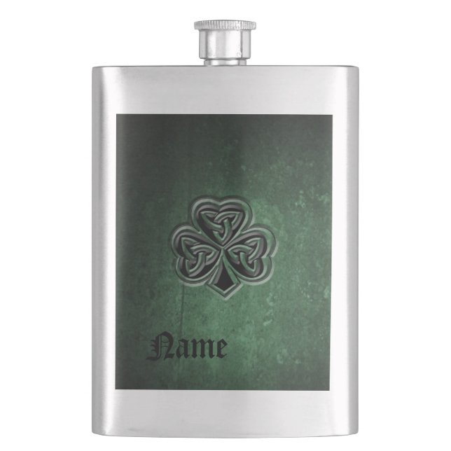 Classy grunge Irish lucky shamrock personalised Hip Flask (Front)
