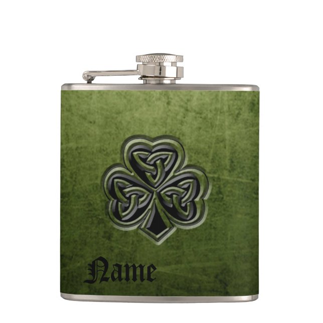 Classy grunge Irish lucky shamrock personalised Hip Flask (Front)
