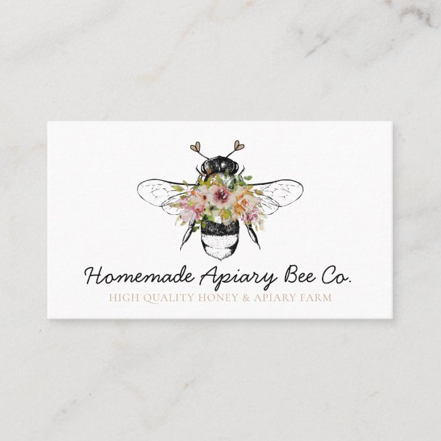 Classy Handdrawing Hearts Floral Apiary Honey Bee Business Card (Front)