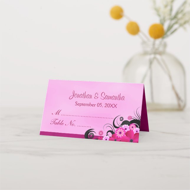 Classy Hibiscus Floral Light Fuchsia Folded Table Place Card (Front)