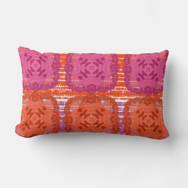 Classy Hot Pink Orange Mix Square Print Lumbar Cushion (Front)
