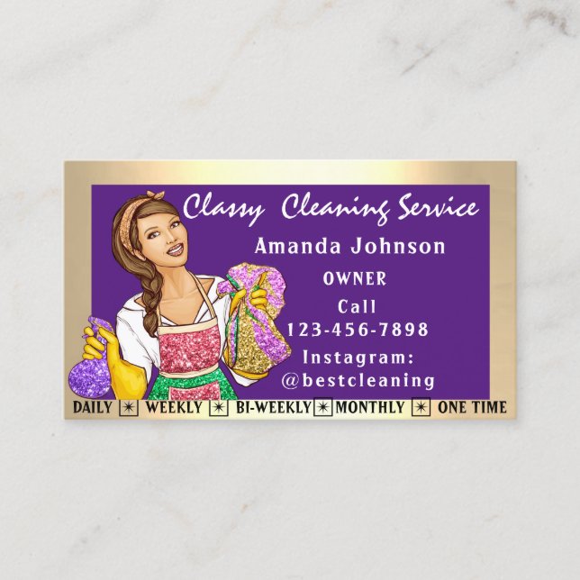 Classy House Office Cleaning Services Maid Purple Business Card (Front)