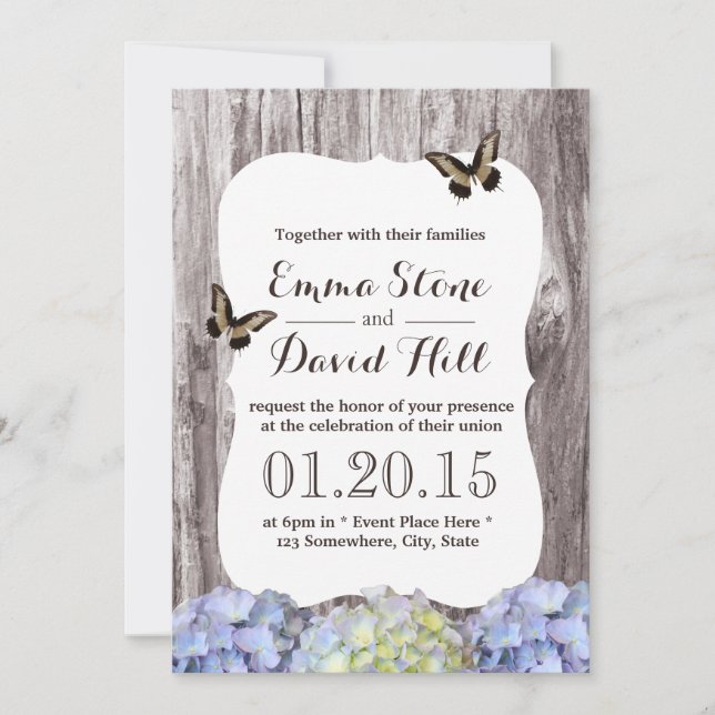 Classy Hydrangea Flowers Wood Background Wedding Invitation (Front)